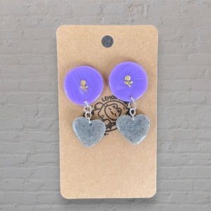 Handmade Rose Floral Themed Lavender Purple and Speckled Grey Heart Earrings